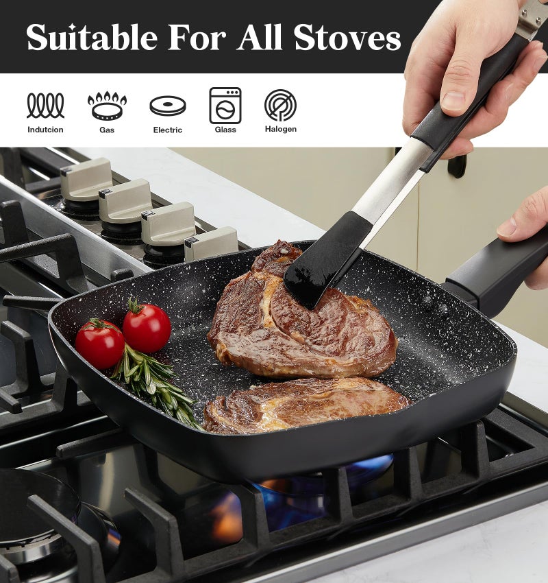 KOCH SYSTEME CS 9.5 Inch Nonstick Grill Pan for Stove Tops, Marble Coating Square Grill Skillet with Lid, Fry Pan Compatible with all Stoves, Ultimate Nonstick Skillet with Bakelite Handle, Toxic-Free - Image 4